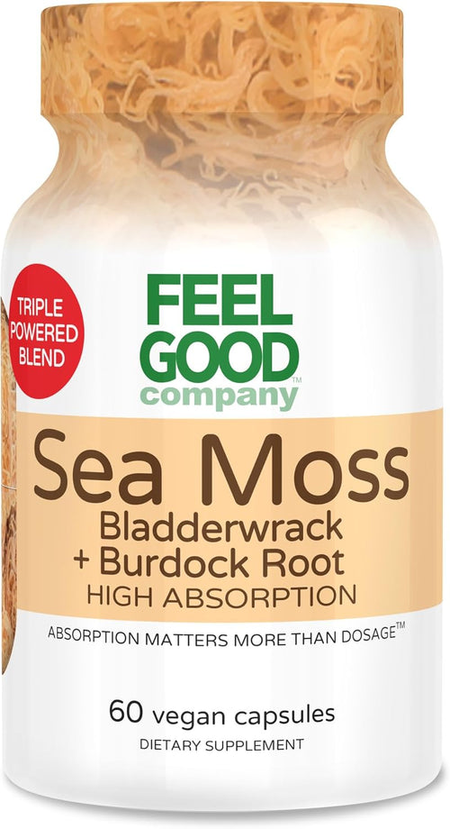 Feelgood Company Sea Moss Bladderwrack with Burdock Root Supplement, High Absorption, 60 Vegan Capsules, Plant-Based Superfood for Thyroid Support