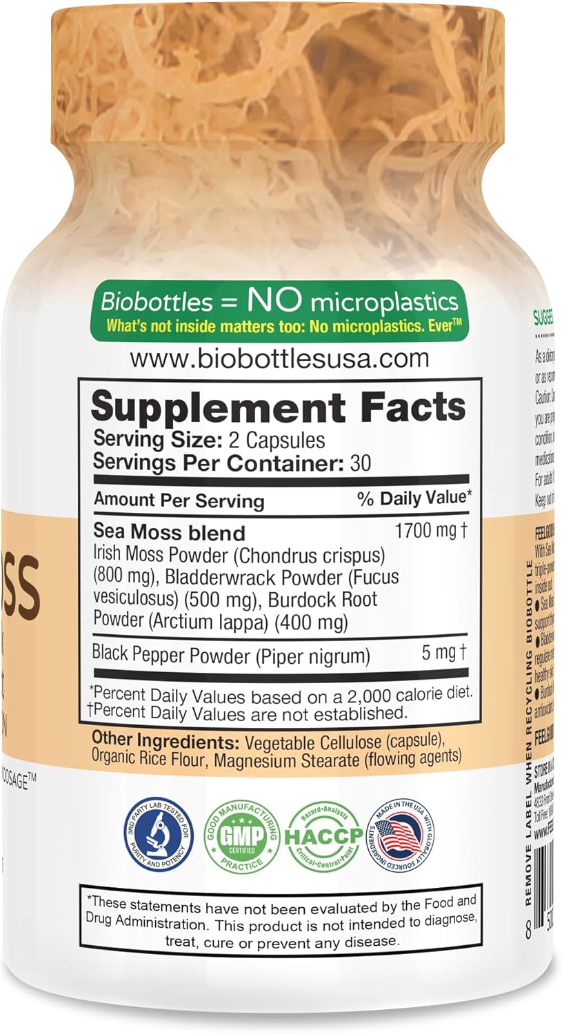 Feelgood Company Sea Moss Bladderwrack with Burdock Root Supplement, High Absorption, 60 Vegan Capsules, Plant-Based Superfood for Thyroid Support