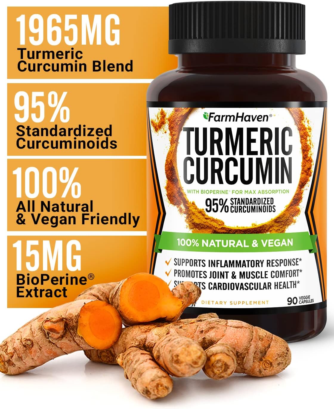 Turmeric Curcumin with BioPerine Black Pepper & 95% Curcuminoids, 1965mg, Maximum Absorption for Joint Support, Non-GMO Turmeric Capsules, Made in USA - 90 Veg Caps