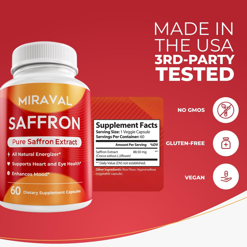 Miraval Saffron Supplement for Men & Women – Saffron Capsules with Organic Saffron Extract – Supports Mood, Focus & Clarity – Non-GMO, Gluten-Free – 60 Capsules – 60-Day Supply