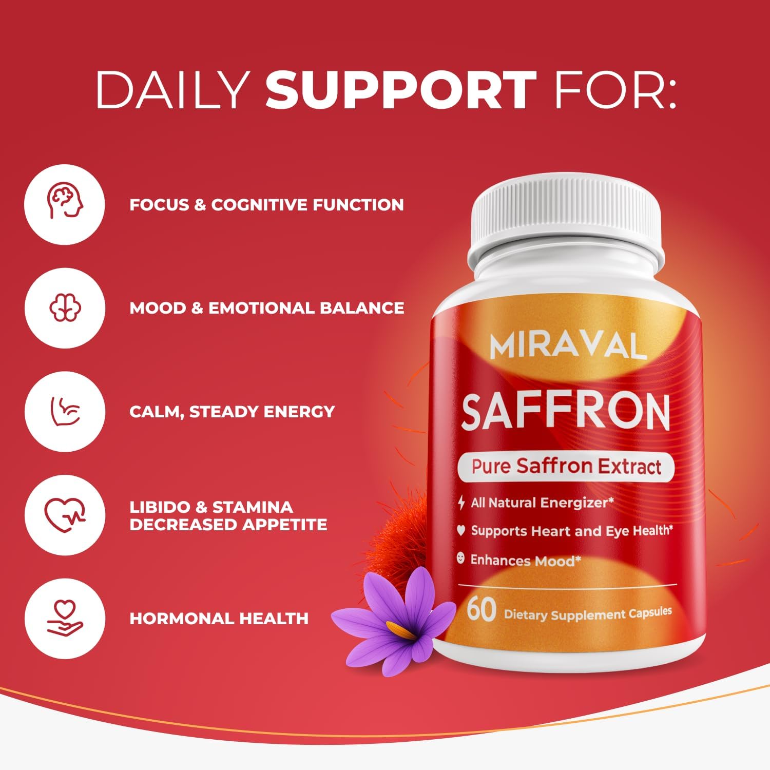 Miraval Saffron Supplement for Men & Women – Saffron Capsules with Organic Saffron Extract – Supports Mood, Focus & Clarity – Non-GMO, Gluten-Free – 60 Capsules – 60-Day Supply