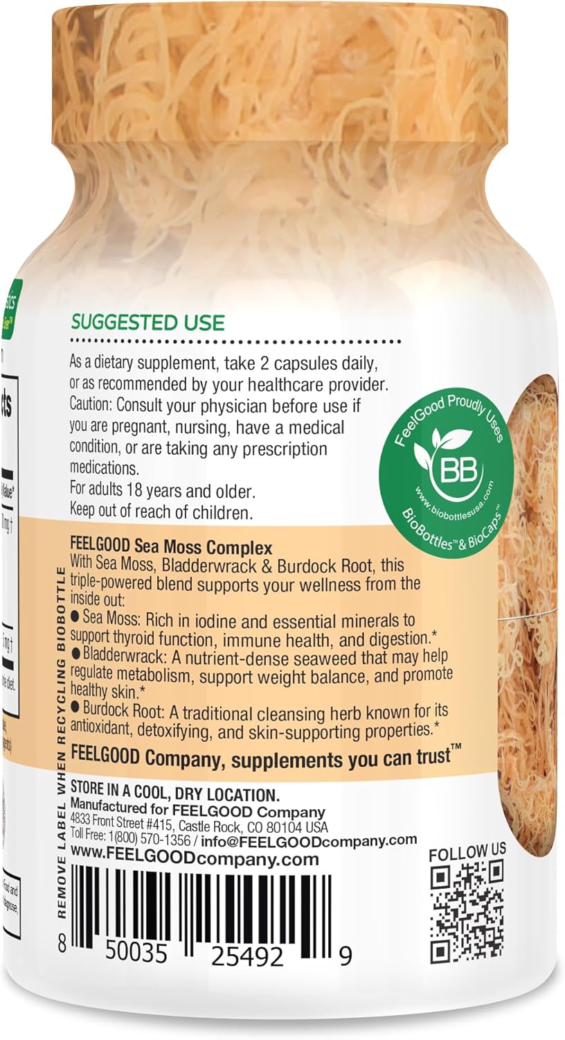 Feelgood Company Sea Moss Bladderwrack with Burdock Root Supplement, High Absorption, 60 Vegan Capsules, Plant-Based Superfood for Thyroid Support