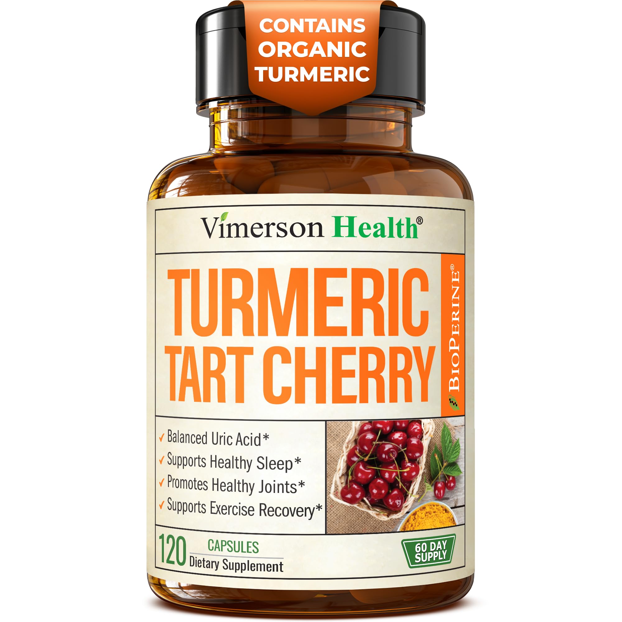 Tart Cherry Capsules – Turmeric Curcumin Supplement with Tart Cherry Extract & Celery Seed Extract – Turmeric Curcumin with Black Pepper for Uric Acid Balance, Joint Health & Sleep Aid - 60 Count