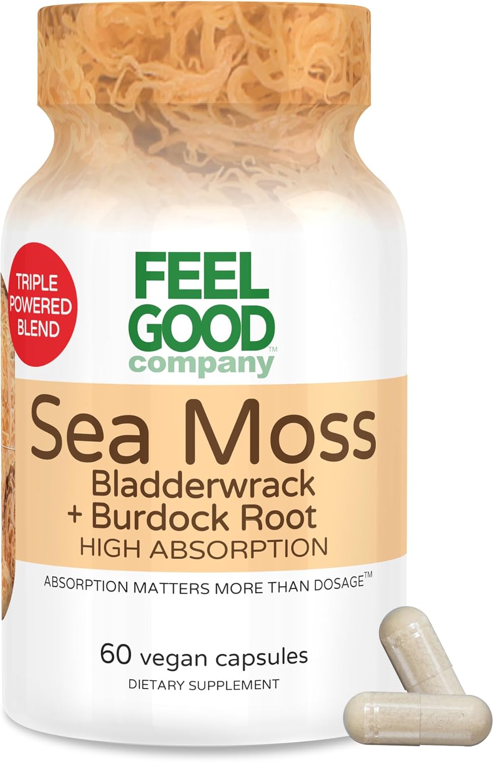 Feelgood Company Sea Moss Bladderwrack with Burdock Root Supplement, High Absorption, 60 Vegan Capsules, Plant-Based Superfood for Thyroid Support