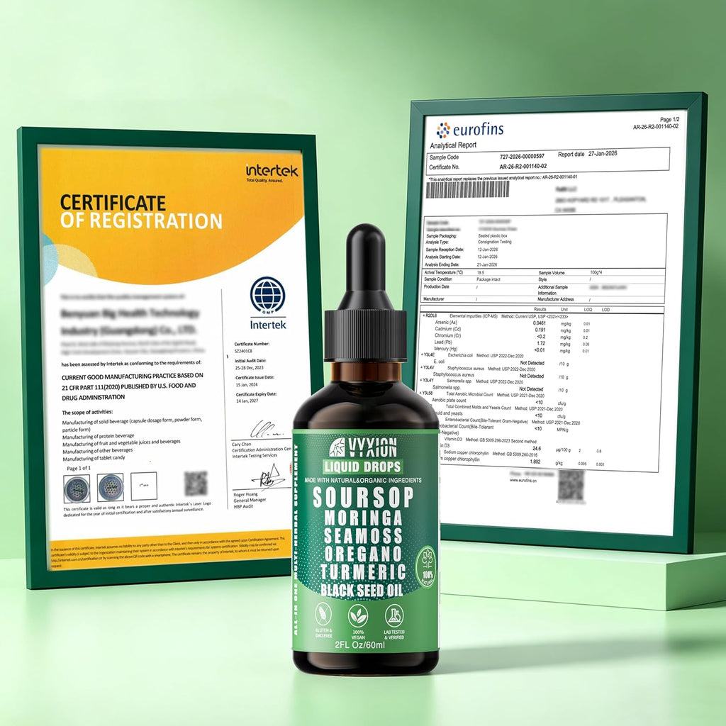 Vyxion Soursop Bitters Liquid Drops 10 in 1 with Sea Moss, Moringa, Turmeric, Black Seed Oil, Oregano, Ashwagandha | Herbal Extracts for Overall Health-Enhancing | Vegan, Non-GMO | 2 Fl Oz