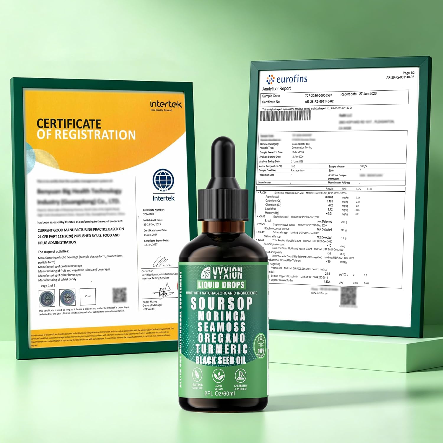 Vyxion Soursop Bitters Liquid Drops 10 in 1 with Sea Moss, Moringa, Turmeric, Black Seed Oil, Oregano, Ashwagandha | Herbal Extracts for Overall Health-Enhancing | Vegan, Non-GMO | 2 Fl Oz
