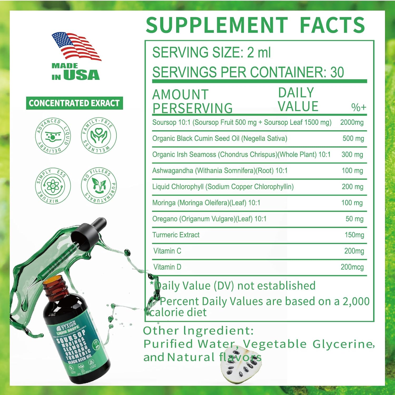 Vyxion Soursop Bitters Liquid Drops 10 in 1 with Sea Moss, Moringa, Turmeric, Black Seed Oil, Oregano, Ashwagandha | Herbal Extracts for Overall Health-Enhancing | Vegan, Non-GMO | 2 Fl Oz