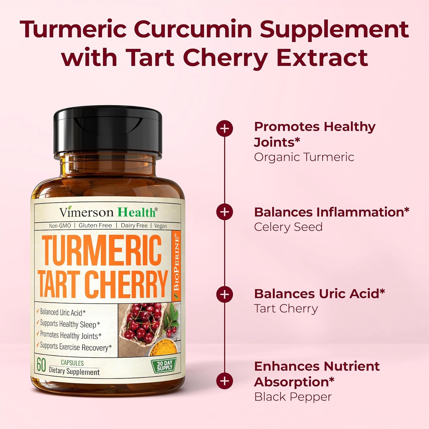 Tart Cherry Capsules – Turmeric Curcumin Supplement with Tart Cherry Extract & Celery Seed Extract – Turmeric Curcumin with Black Pepper for Uric Acid Balance, Joint Health & Sleep Aid - 60 Count